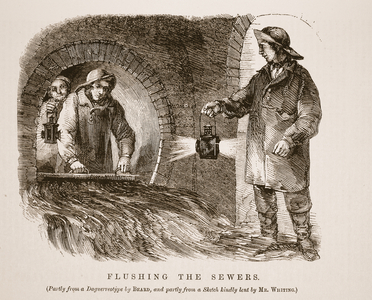 Flushing the sewers, partly from the daguerreotype by Richard Beard and partly from a sketch kindly lent by Mr. Whiting, illustration from 'London Labour and London Poor' by Henry Mayhew, pub. 1862 (litho)