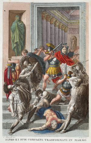 Phineus and Friends into Stone or Fineo ei suoi Compagni Transformati in Marmo, Book V, illustration from Ovid's Metamorphoses, Florence, 1832 (hand-coloured engraving)