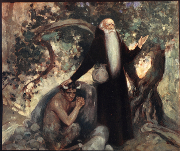 St Anthony and the Satyr, illustration from 'Helmet & Cowl: Stories of Monastic and Military Orders' W.M. Letts and M.F.S. Letts, 1913 (litho)