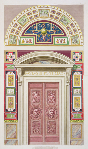 Doorway to the Raphael Loggia at the Vatican, from 'Delle Loggie di Rafaele nel Vaticano', engraved by Giovanni Ottaviani (c.1735-1808), published c.1772-77 (hand coloured engraving)