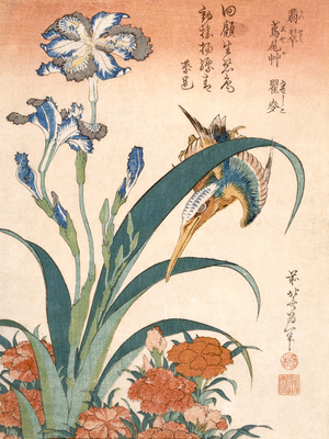 Kingfisher, Irises and Pinks (colour woodblock print)