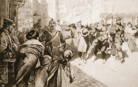 Bread thrown to French prisoners in a captured French town, from 'The Illustrated War News', 1915 (litho)
