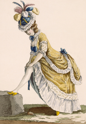 Lady pulling up her stocking, engraved by Le Beau, plate no.1 from 'Galeries des Modes et Costumes Francais', c.1778-87 (coloured engraving)