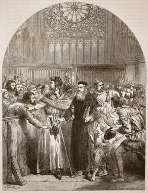 Wycliffe appearing before the Prelates at St. Paul's to answer the charge of heresy in 1377, illustration from 'Cassell's Illustrated History of England' (engraving) (sepia photo)