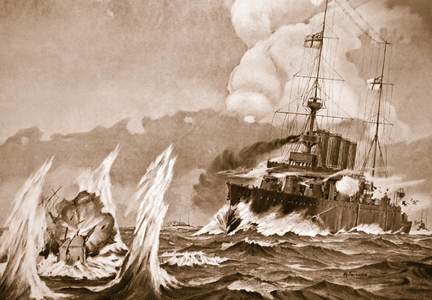 HMS 'Birmingham' commanded by Captain Arthur Duff, hitting the conning-tower of the German submarine U15 (litho)