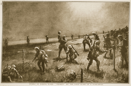 Perils of wiring work: frozen by the cold glare of a star-shell, 1914-19 (litho)