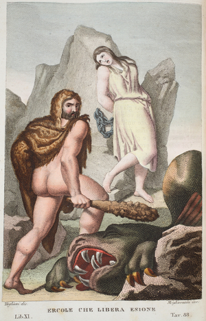Hercules saves Hesione or Ercole che Libera Enione, Book XI, illustration from Ovid's Metamorphoses, Florence, 1832 (hand-coloured engraving)