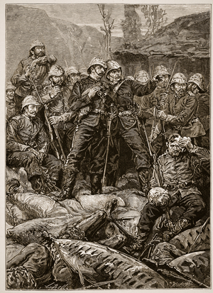 Rorke's Drift: the morning after the attack, illustration from 'Cassell's Illustrated History of England' (engraving) (sepia photo)