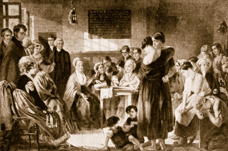Elizabeth Fry reading the Bible in a prison (litho)