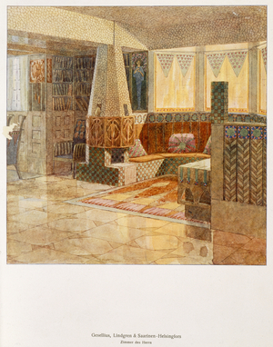 Gentleman's room, designed by Gesellius, Lindgren and Sarrinen-Helsingfors, from a German publication, c.1895 (colour litho)