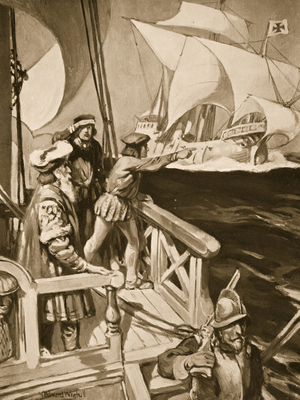 Vasco Da Gama rounding the Cape of Good Hope (litho)