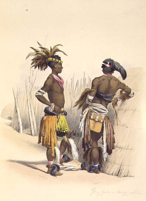 Umbambu and Umpengulu, Young Zulus in Dancing Costume, plate 15 from 'The Kafirs Illustrated', 1849 (litho)