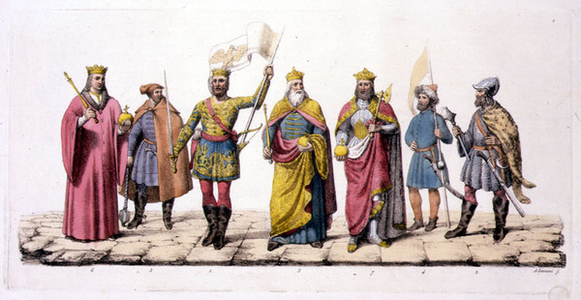 Leaders and kings of Hungary, from 'Le Costume Ancien et Moderne' by Jules Ferrario, published c.1820s-30s (colour litho)