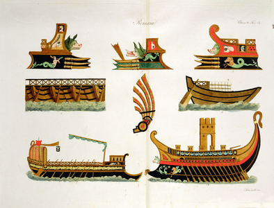 Roman Ships with details of figureheads, plate 23, class 5 from Part I of 'The History of the Nations', engraved by Simonetti (aquatint)