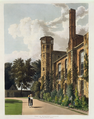 Part of St. Peter's College (Peterhouse) from the Private Garden, Cambridge, from 'The History of Cambridge', engraved by Joseph Constantine Stadler (fl.1780-1812), pub. by R. Ackermann, 1815 (colour aquatint)