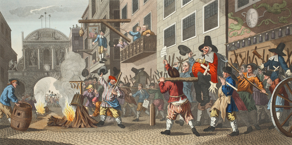 Burning ye Rumps at Temple-Barr, illustration from 'Hogarth Restored: The Whole Works of the celebrated William Hogarth, re-engraved by Thomas Cook', pub. 1812 (hand-coloured engraving)
