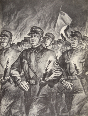 The historical torchlight procession of the SA in Berlin on the 30th January, 1933, from 'Geschichte der SA' by Wilhelm Rehm, pub. by Franz Eher Nachf, 1938 (litho)