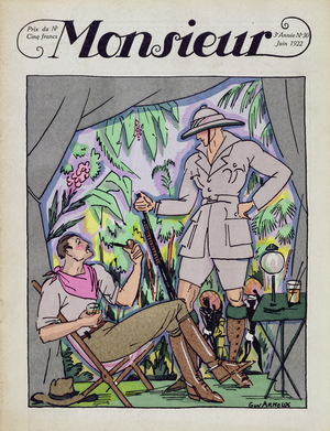 Relaxing after the Safari, front cover, issue 30, 'Monsieur' magazine, pub. 1922 (pochoir print)
