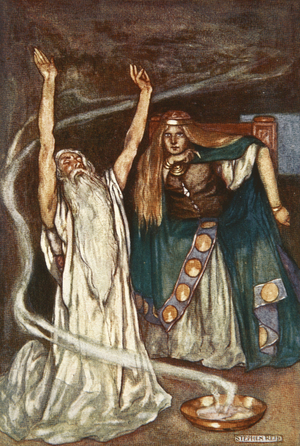 Queen Maeve and the Druid, illustration from 'Cuchulain, The Hound of Ulster', by Eleanor Hull (1860-1935), 1904 (colour litho)