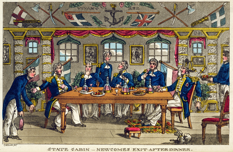 State Cabin, Newcome's Exit after Dinner, plate from 'The Adventures of Johnny Newcome in the Navy' by John Mitford (1782-1831) 1818 (litho)