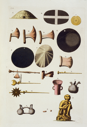 Inca tools and artefacts, Peru, from 'Le Costume Ancien et Moderne', Volume II, plate 22, by Jules Ferrario, published c.1820s-30s (colour litho)