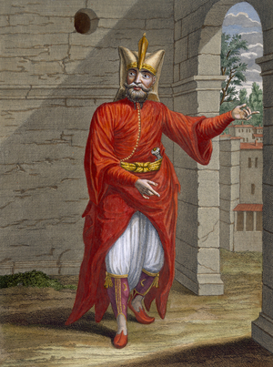 A Janissary, plate 32 from 'Collection of One Hundred Prints Representing the Different Nations of the Levant' by Charles de Ferriol, engraved by Jean-Baptise Haussard (fl.1679-1749), 1707-08 (coloured engraving)