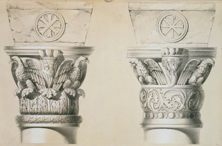 Byzantine capitals from columns in the nave of the church of St. Demetrius in Thessalonica, pub. by Day & Son (litho)