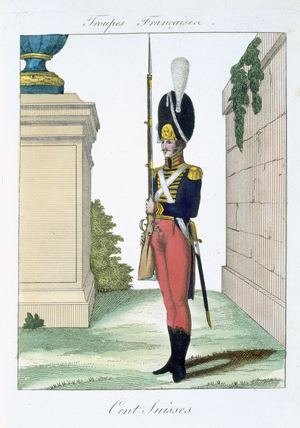 Swiss Centurian, from 'Troupes Francaises', pub. chez Basset, Paris, c.1790 (colour litho)