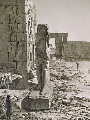 View of the Colossus at the entrance to the hypostyle halls of the palace at Karnak, Thebes, plate 20 from Vol III of `Descriptions of Egypt`, engraved by Baltard, 1822 (aquatint)