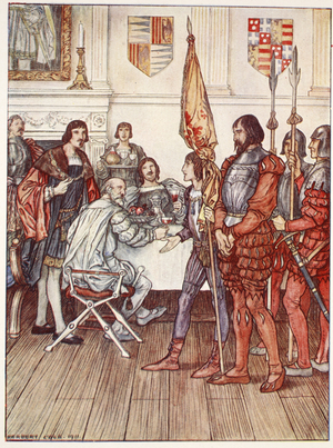The Page presents his prisoner, illustration from 'Bayard: The Good Knight Without Fear and Without Reproach' by Christopher Hare, pub. 1911 (colour litho)