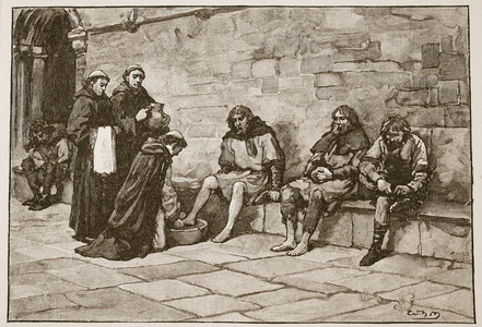 Becket washing the feet of beggars, illustration from 'The Church of England: A History for the People' by H.D.M. Spence-Jones, pub. c.1910 (litho) (sepia photo)