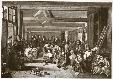 Lord Shaftesbury's visit to the Westminster Ragged School of Industry, illustration from 'The Church of England: A History for the People' by H.D.M. Spence-Jones, pub. c.1910 (litho) (sepia photo)