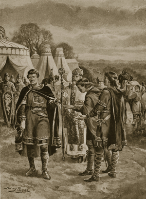 William offered the crown at Berkhampstead, 1066, illustration from 'The History of the Nation' (litho)