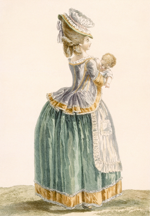 Young provincial mother and child, engraved by Patas, plate from 'Galeries des Modes et Costumes Francais', c.1778-87 (coloured engraving) 99:clothing; traditional dress; traditional costume; fashion; illustration; c18th; fashionable; clothes; female; baby; infant; green; hat; hooped skirt; bodice; apron; yellow ribbon;