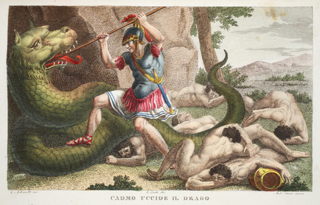 Cadmus kills the Dragon or Cadmo uccide il Drago, illustration from Ovid's Metamorphoses, Florence, 1832 (hand-coloured engraving)