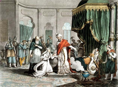 Mathilda asking Saladin for the body of Malek-Adhel, engraved by Pierre Michel Alix (1762-1817) (engraving)