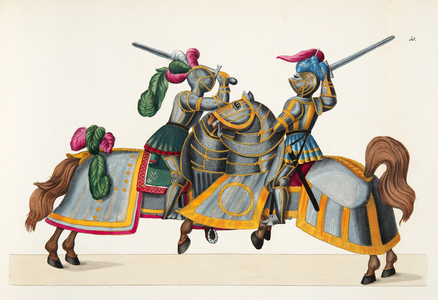 Two knights at a tournament, plate from 'A History of the Development and Customs of Chivalry', by Dr. Franz Kottenkamp, published by Carl Hoffmann, 1842 (colour litho)
