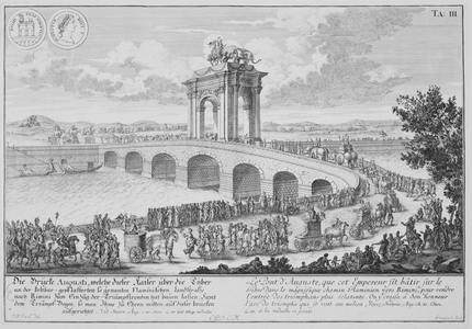 Bridge of Augustus on Via Flaminia, near Rimini, Italy, from 'Entwurf einer historischen Architektur', engraved by Johann Adam Delsenbach (1687-1765) 1721 (engraving)