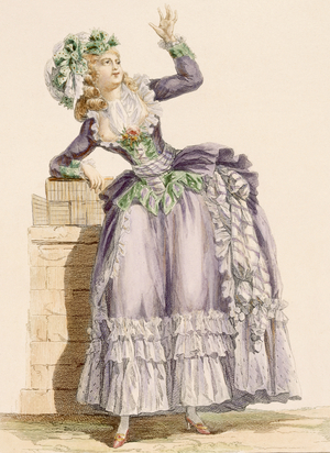 Lady's gown in mauve and green taffeta with a matching bonnet, engraved by Dupin, from 'Galeries des Modes et Costumes Francais', c.1778-87 (coloured engraving)