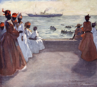 The Arrival of the Royal Mail Steamer, Dominca, from a portfolio of privately printed watercolours of 'The West Indies' (colour litho)
