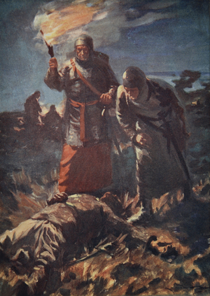 In vain they sought his dead body among the slain, illustration from 'A History of Germany' by H.E. Marshall, 1913 (colour litho)