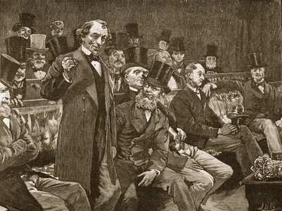 Mr Disraeli telling the House of Commons his story about 'dry champagne', 1875, illustration from 'Cassell's Illustrated History of England' (engraving)
