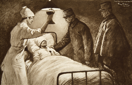 A chevalier of the Legion of Honour: a wounded French captain, about to undergo a perilous operation, decorated by his General in a field-hospital, from 'The Illustrated War News' (litho)