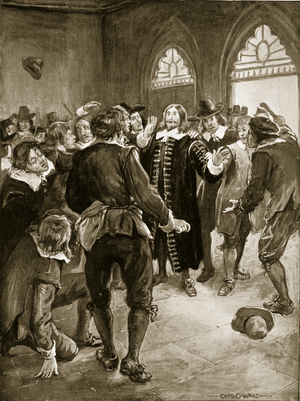 Speaker Lenthall being carried back to the Chair, 1647, illustration from 'Hutchinson's Story of the British Nation', c.1923 (litho)