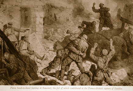 Fierce hand-to-hand fighting at Rancourt, the fall of which contributed to the Franco-British capture of Combles, 1914-19 (litho)