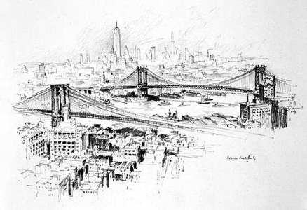 View across Brooklyn and Manhattan Bridges towards the Empire State Building, New York, published by William Edwin Rudge, 1931 (pencil on paper)