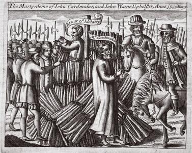 The martyrdom of John Cardmaker and John Warne Upholster, 30th May 1555, illustration from 'Acts and Monuments' by John Foxe, ninth edition, pub. 1684 (litho)