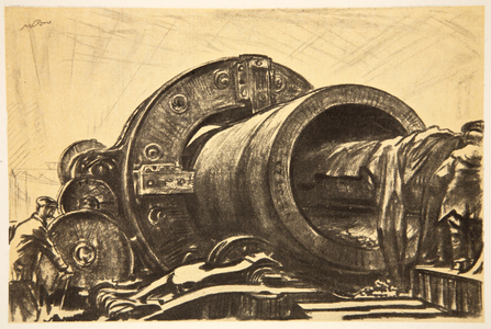 A coring machine at work on a heavy gun tube, illustration from 'The Western Front', pub. by Country Life Ltd, 1917 (litho)
