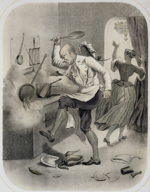 Anger in the Kitchen, from a series of prints depicting the Seven Deadly Sins, c.1850 (colour litho)