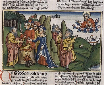 Exodus 32 1-6 Aaron makes the Golden Calf, from the 'Nuremberg Bible (Biblia Sacra Germanaica)' (coloured woodcut)